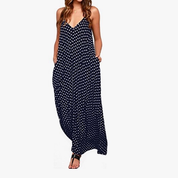LILBETTER Women V-Neck Polka Dot Print Spaghetti Strap Boho Long Maxi Dresses - Picture 1 of 2